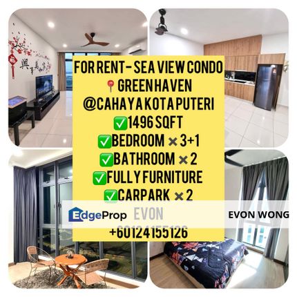 SEAVIEW CONDO➕FULLY FURNISHED 📍GREEN HAVEN @ CAHAYA KOTA PUTERI ➡️ FOR RENT, Johor, Masai