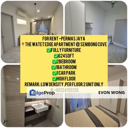FULLY FURNISHED FOR RENT 2BEDROOM 1 BATHROOM 📍WATER EDGE ,SENIBONG COVE ,PERMAS JAYA , Johor, Masai