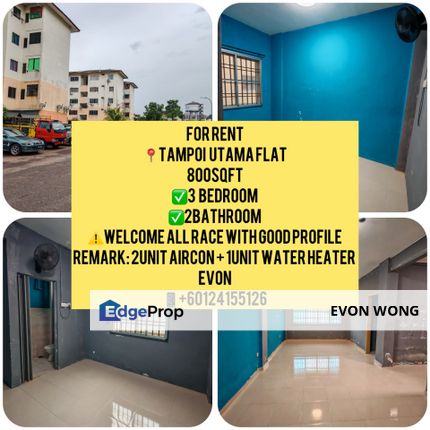 FOR RENT ➡️3BEBROOM 2BATHROOM 800SQFT📍TAMPOI UTAMA FLAT , Johor, Tampoi
