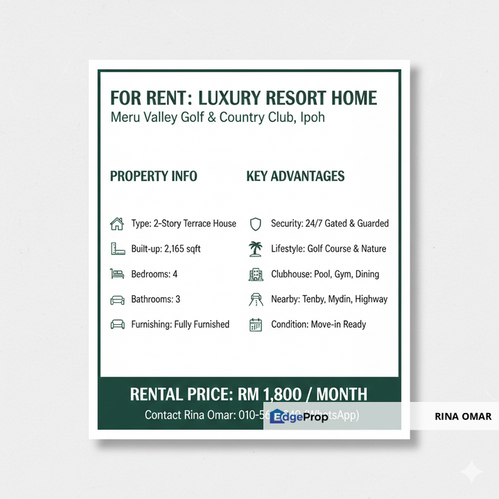 Meru Golf Club 2 Story Terrace House For Rent, Perak, Kinta