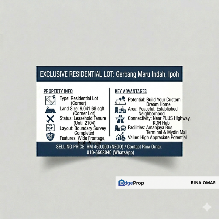 MASSIVE 9,041 SQFT CORNER LOT | Elite Residential Land | Gerbang Meru Indah, Ipoh, Perak, Ipoh