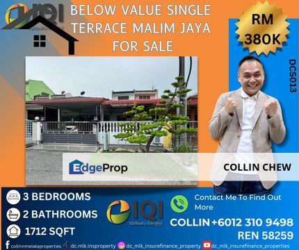 JALAN MURNI, TAMAN MALIM JAYA BELOW BANK VALUE SINGLE STOREY TERRACE WITH KOI POND FOR SALE, Melaka, Melaka Tengah