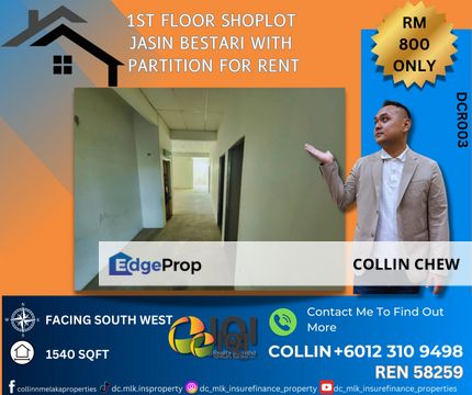 1ST FLOOR JASIN BESTARI SHOPLOT WITH PARTITION FOR RENT, Melaka, Jasin