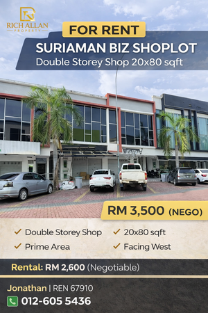 SURIAMAN BIZ DOUBLE STRY SHOP RENTAL for Rental @RM2,000 By JONATHAN ...