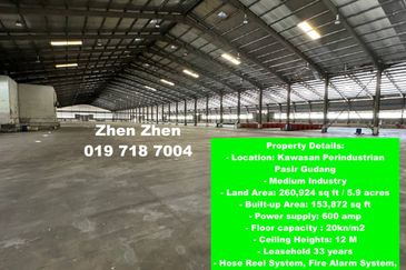 Pasir Gudang Detached Factory Warehouse for Sale, Medium Industry LA: 5.9 acres, Ceiling Height: 12M