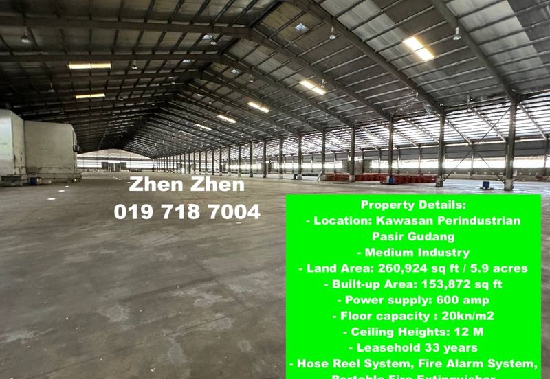 Pasir Gudang Detached Factory Warehouse for Sale, Medium Industry LA: 5.9 acres, Ceiling Height: 12M
