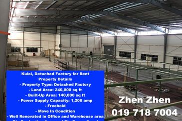 Kulai, Detached Factory for Rent, Move in Condition, Big Production Area, Big Power Supply