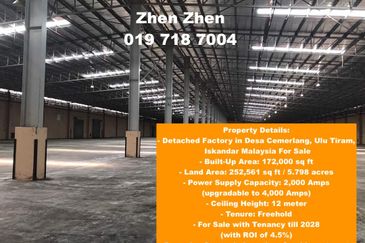 Desa Cemerlang, Ulu Tiram, Iskandar Malaysia, Factory for Sale with High ROI, Huge Power Supply