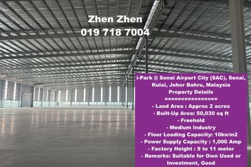 i-Park @ Senai Airport City (SAC), Senai, Kulai, Detached Factory for Sale, Land Area: 2 acres, Freehold, Medium Industry