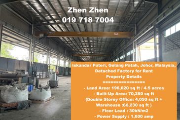Iskandar Puteri, Gelang Patah, Johor, Malaysia, Detached Factory for Rent, Big Power Supply, c/w Overhead Cranes