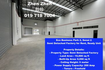 Eco Business Park 2, Senai, Semi Detached Factory for Rent, Ready Unit, Gated and Guarded