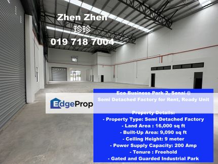 Eco Business Park 2, Senai, Semi Detached Factory for Rent, Ready Unit, Gated and Guarded, Johor, Senai