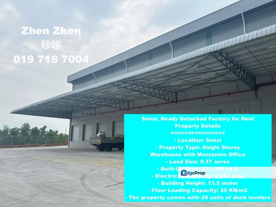 Senai, Ready Detached Factory for Rent, Land Area: 9.37 acres, 29 dock levelers, 1,200 Amps, Johor, Senai