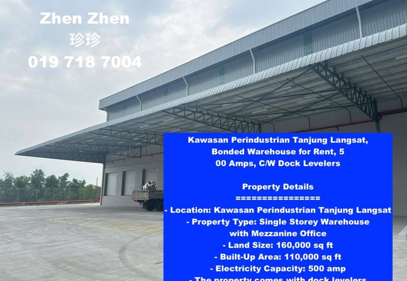 Kawasan Perindustrian Tanjung Langsat, Bonded Warehouse for Rent, 500 Amps, C/W Dock Levelers