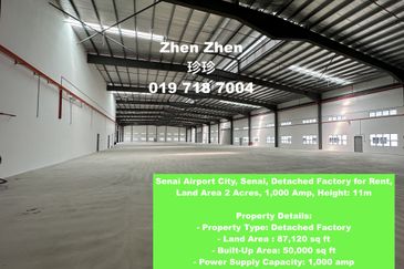 Senai Airport City, Senai, Detached Factory for Rent, Land Area 2 Acres, 1,000 Amp, Height: 11m