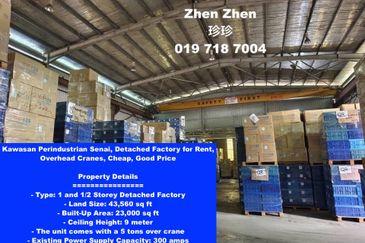 Kawasan Perindustrian Senai Fasa 3, Detached Factory for Rent, Overhead Cranes, Cheap, Good Price