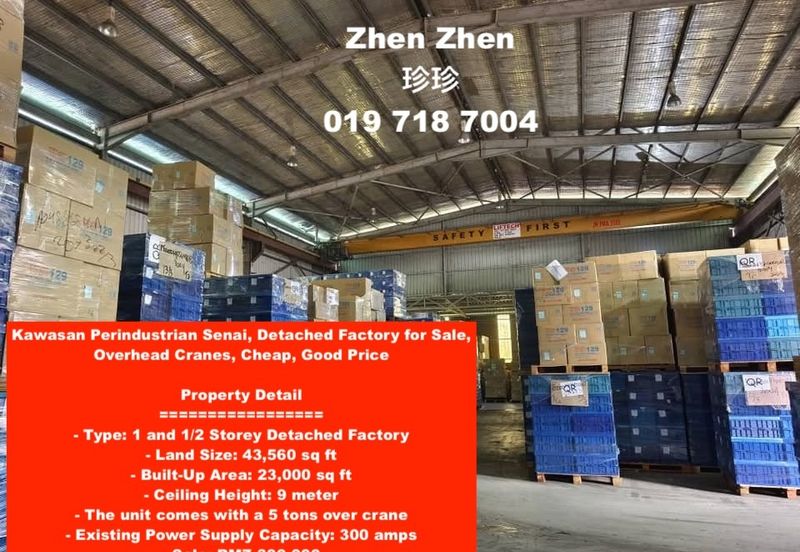 Kawasan Perindustrian Senai Fasa 3, Detached Factory for Sale, Overhead Cranes, Cheap, Good Price