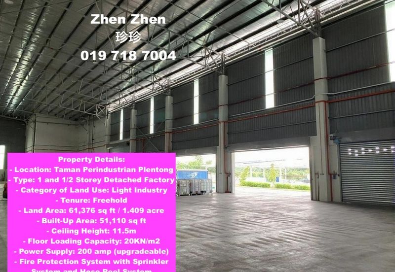 Taman Perindustrian Plentong, Detached Factory for Rent, High Ceiling, Nearby Pasir Gudang Highway