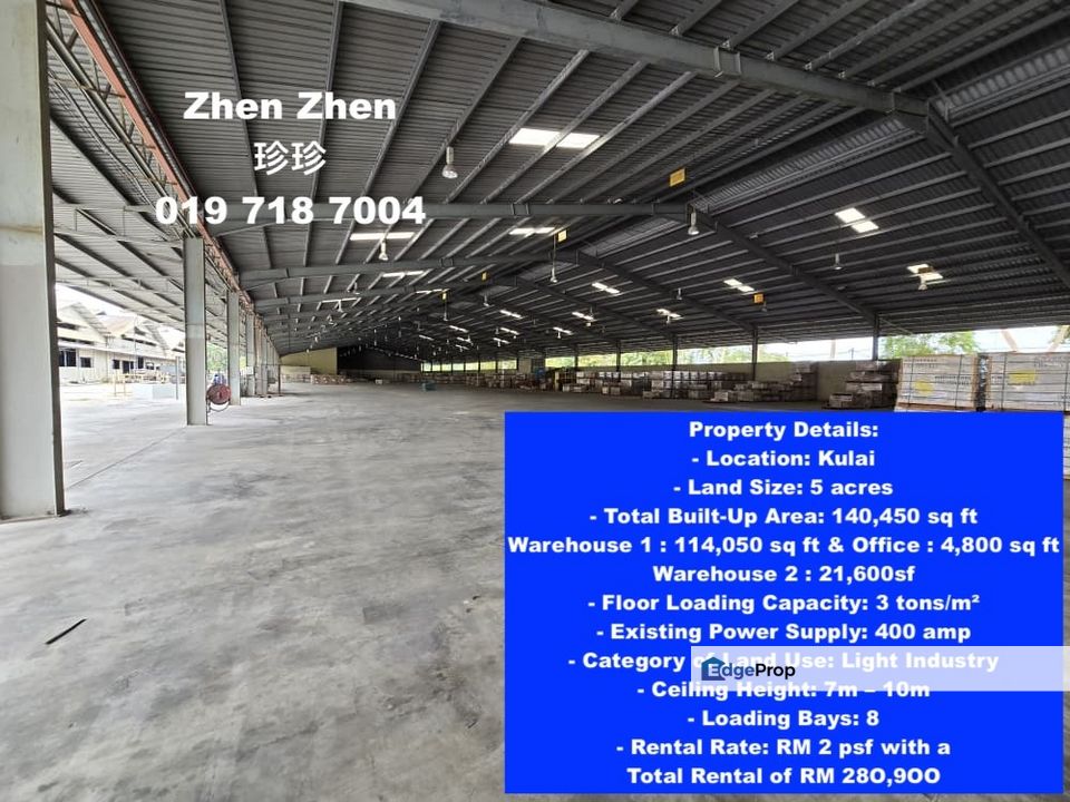 Detached Factory for Rent, Kulai, Available Now, Land area 5 acres, c/w 8 loading bays, Johor, Kulai