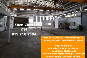 Kota Puteri, Masai, Iskandar Malaysia, Factory for Rent C/W Overhead Cranes