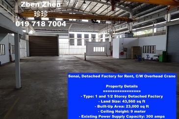 Senai, Detached Factory for Rent, C/W Overhead Crane, Land Area 43,560 sq ft
