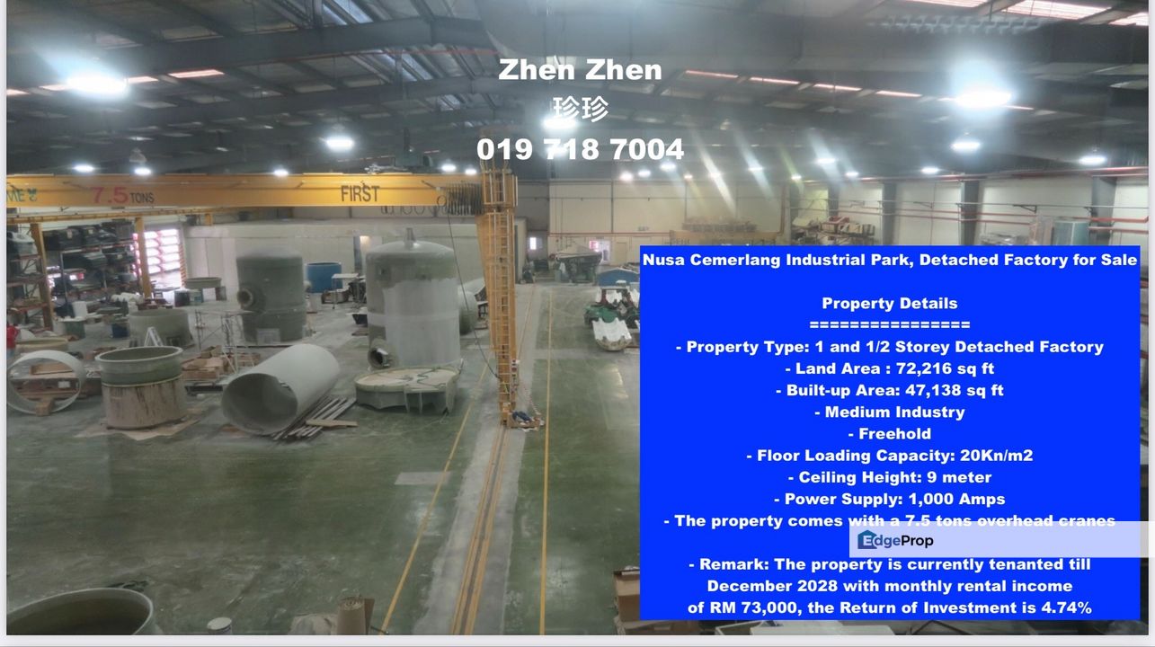 Nusa Cemerlang Industrial Park, Detached Factory for Sale, 1000 Amps, Come with Overhead Cranes, Freehold, Johor, 