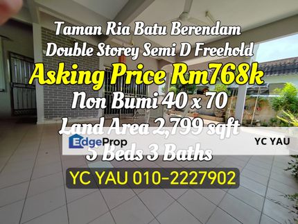 Freehold Double Storey Semi-D Taman Ria, Melaka, Batu Berendam