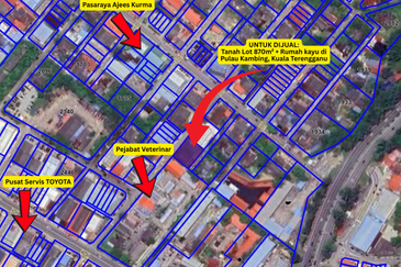 Tanah Lot Banglo bersaiz 870m² + Rumah Kayu 2 Tingkat di Pulau Kambing, Pusat Bandaraya Kuala Terengganu, Terengganu