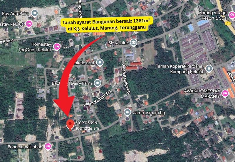 Tanah tepi Jalan syarat Bangunan 1361m²  di Kg. Kelulut, Marang, Terengganu