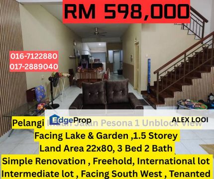 Taman Pelangi Indah Jalan Pesona 1 Unblock View Facing Lake & Garden For Sale Puteri Wangsa Desa Tebrau Desa Cemerlang Taman Gaya, Johor, Ulu Tiram