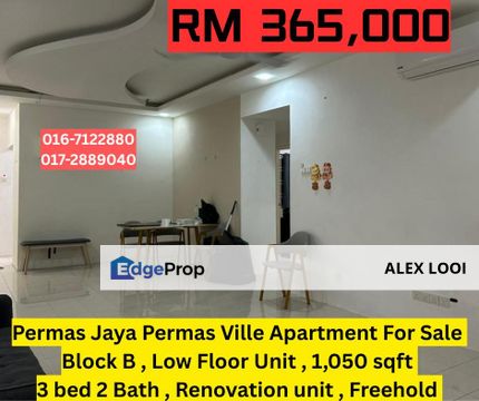 Permas Jaya Permas Ville Block B Fully Renovated Unit For Sale Plentong Megah Ria Johor Bahru Johor Jaya, Johor, Permas Jaya/Senibong
