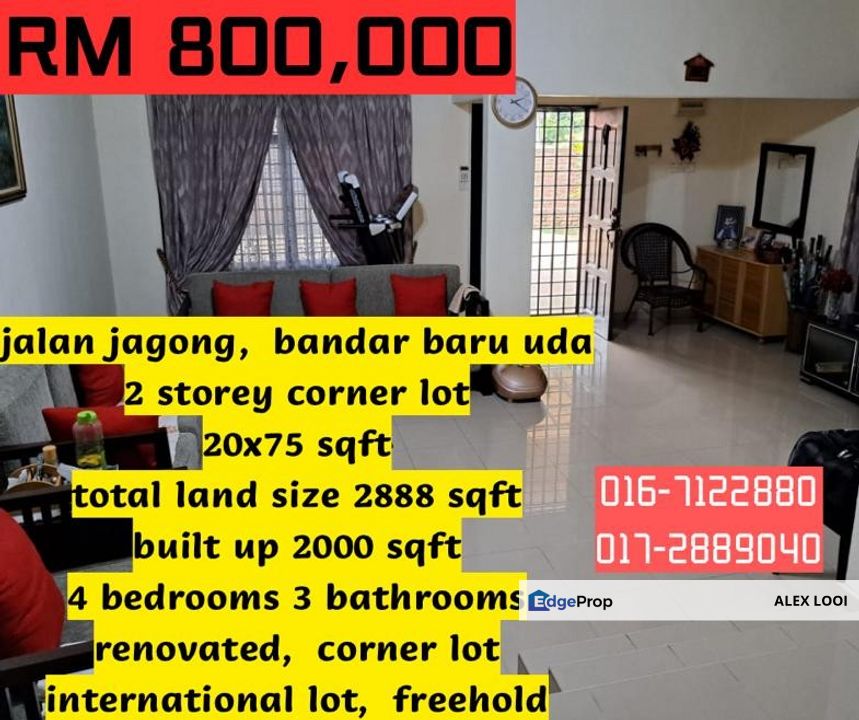 Bandar Baru Uda Double Storey Corner House For Sale Johor Bahru Tampoi Larkin for Sale RM800