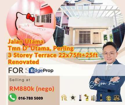FOR SALE/ Jalan Utama/ Tmn D' Utama/ Perling/ 3-Storey Terrace House (end Lot) /renovated , Johor, Johor Bahru