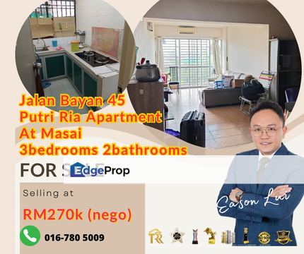 For sales/ PUTRI RIA Apartment/ JALAN BAYAN 45/ BANDAR BARU KOTA/Masai, Johor, Masai