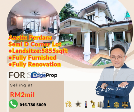 For sales Austin Perdana Semi D Corner Lot •Landsitze:5855sqft •Fully Furnished •Fully Renovation, Johor, Johor Bahru