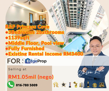 R&F Princess Cove •3Bedrooms 2bathrooms •1139sqft •Middle Floor, Pool view •Fully Furnished •Existing Rental Income RM3400, Johor, Johor Bahru