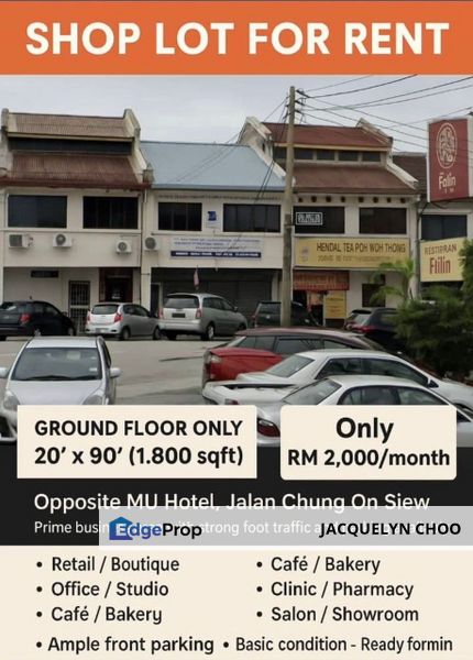 Double-Storey Shop lot for rent just opposite Mu Hotel Ipoh only Rm2000, Perak, Ipoh