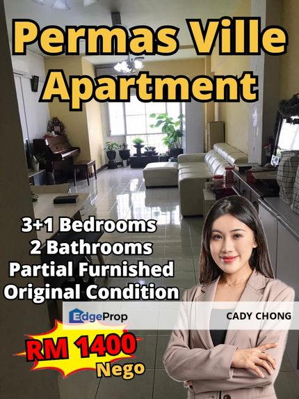 Permas Ville Apartment 3+1 Bedrooms Partial Furnished For Rent, Johor, Permas Jaya/Senibong