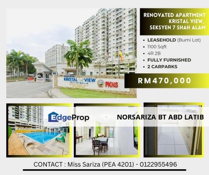 Fully Furnished, 2 Carparks Apartment Kristal View, Shah Alam, Selangor, Shah Alam