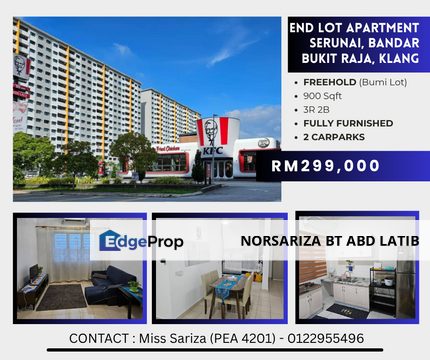 Fully Furnished, End Lot with 2 Parking Apartment Serunai Bukit Raja Klang, Selangor, Bandar Bukit Raja