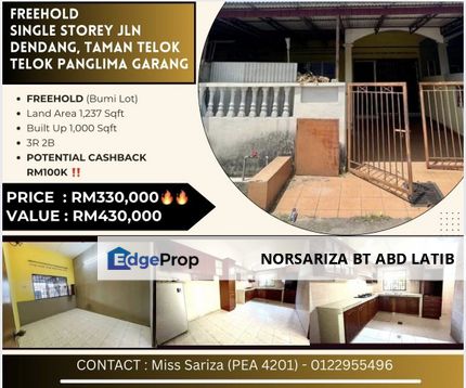 Potential Cashback RM100,000, Single Storey Jln Dendang Tmn Telok, Teluk Panglima Garang, Selangor, Telok Panglima Garang
