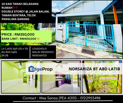 10 Kaki Tanah Belakang Rumah Teres Setingkat Jln Balam Tmn Bentara Telok Panglima Garang, Selangor, Kuala Langat