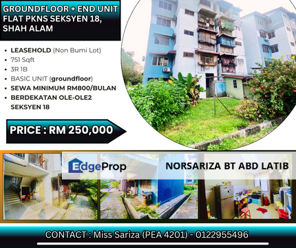 GROUNDFLOOR + END UNIT 3 BILIK Flat PKNS Seksyen 18, Shah Alam, Selangor, Shah Alam
