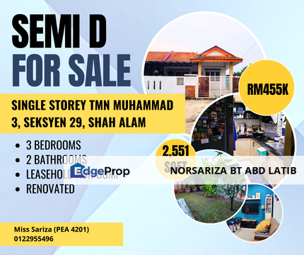 Semi D Setingkat Spacious Land Tmn Muhammad 3, Seksyen 29, Shah Alam, Selangor, Shah Alam