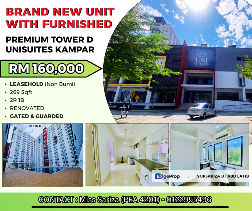 *WTS* ✅✅✅  *Brand New Unit with Furnished* *2R1B Tower D-Premium Tower (Facility Tower)* *UNISUITES KAMPAR*  Asking Price : RM160K (Nego)  Kampar UniS, Perak, Kampar