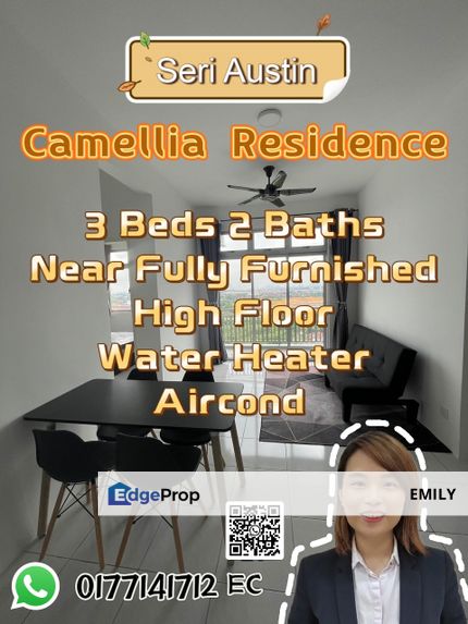 Seri Austin Camellia Residence 3B2B Near Fully Furnished Unit with Balcony For Rent 🎏 🎏 🎏 , Johor, Johor Bahru