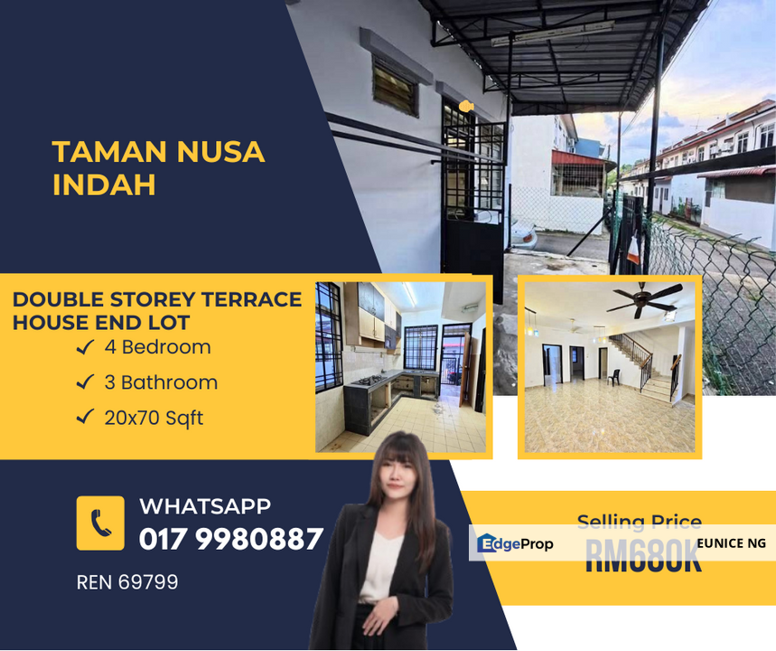 Taman Nusa Indah @ Unblock View, End Lot Double Storey Terrace House For Sale, Johor, Nusajaya