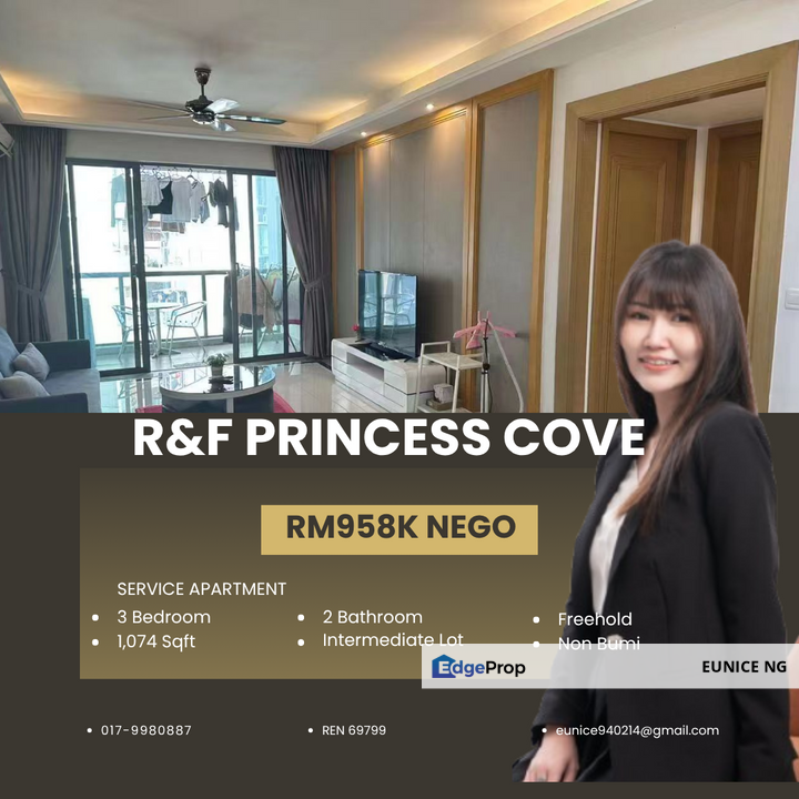 R&F Princess Cove Phase 1 @ For Sale 3 Bedroom 2 Bathroom, Johor, Johor Bahru