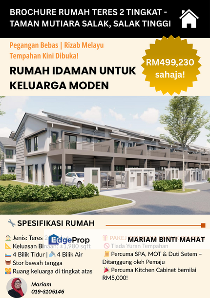 Perumahan Baru Teres 2 Tingkat di Salak Tinggi – Freehold & Rizab Melayu, Selangor, Sepang