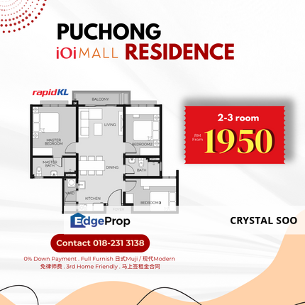 Puchong IOI Residence Third Home 0 Down Payment+Modern Furnish from RM477K only ; Link to IOI Mall and LRT Puchong Station, Selangor, Kuala Selangor